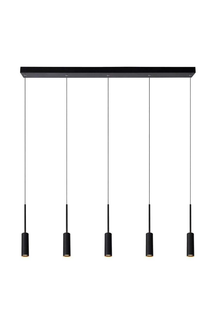 Vue de face du luminaire suspendu noir à cinq cylindres alignés