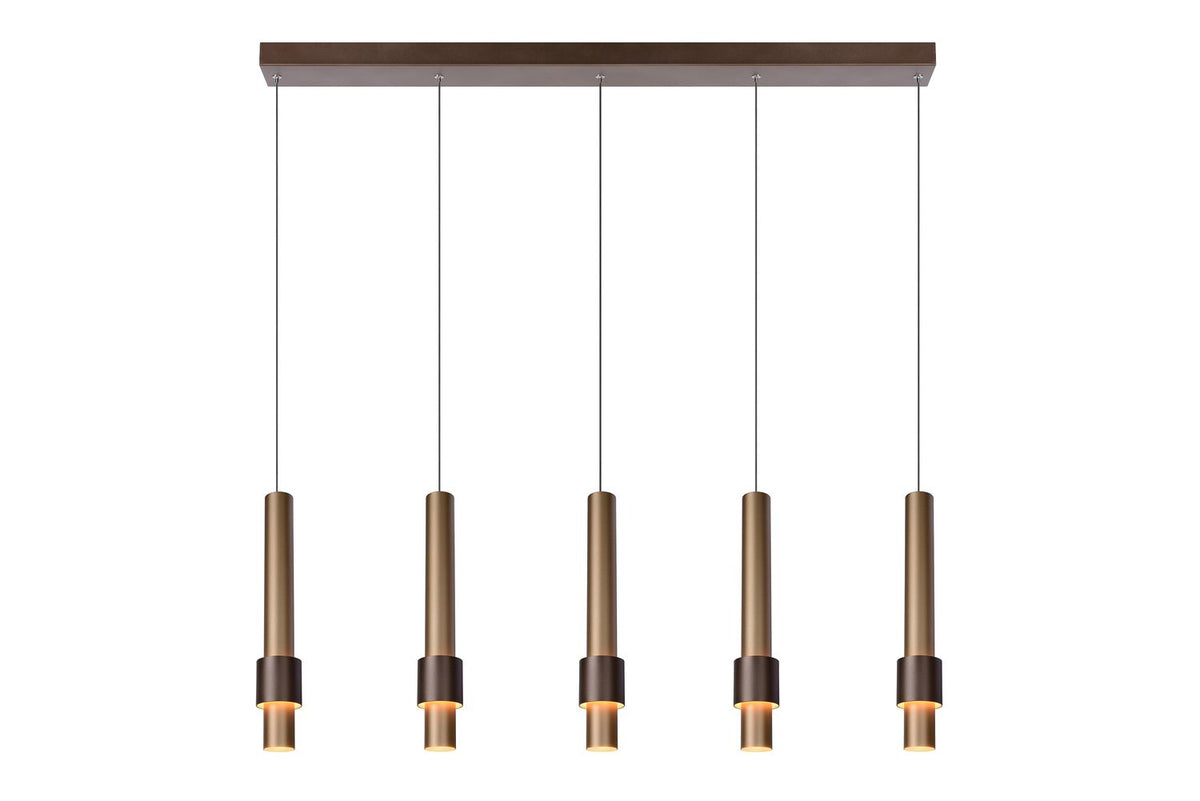 Vue d'ensemble du luminaire suspendu avec cinq cylindres dorés sur rail marron.