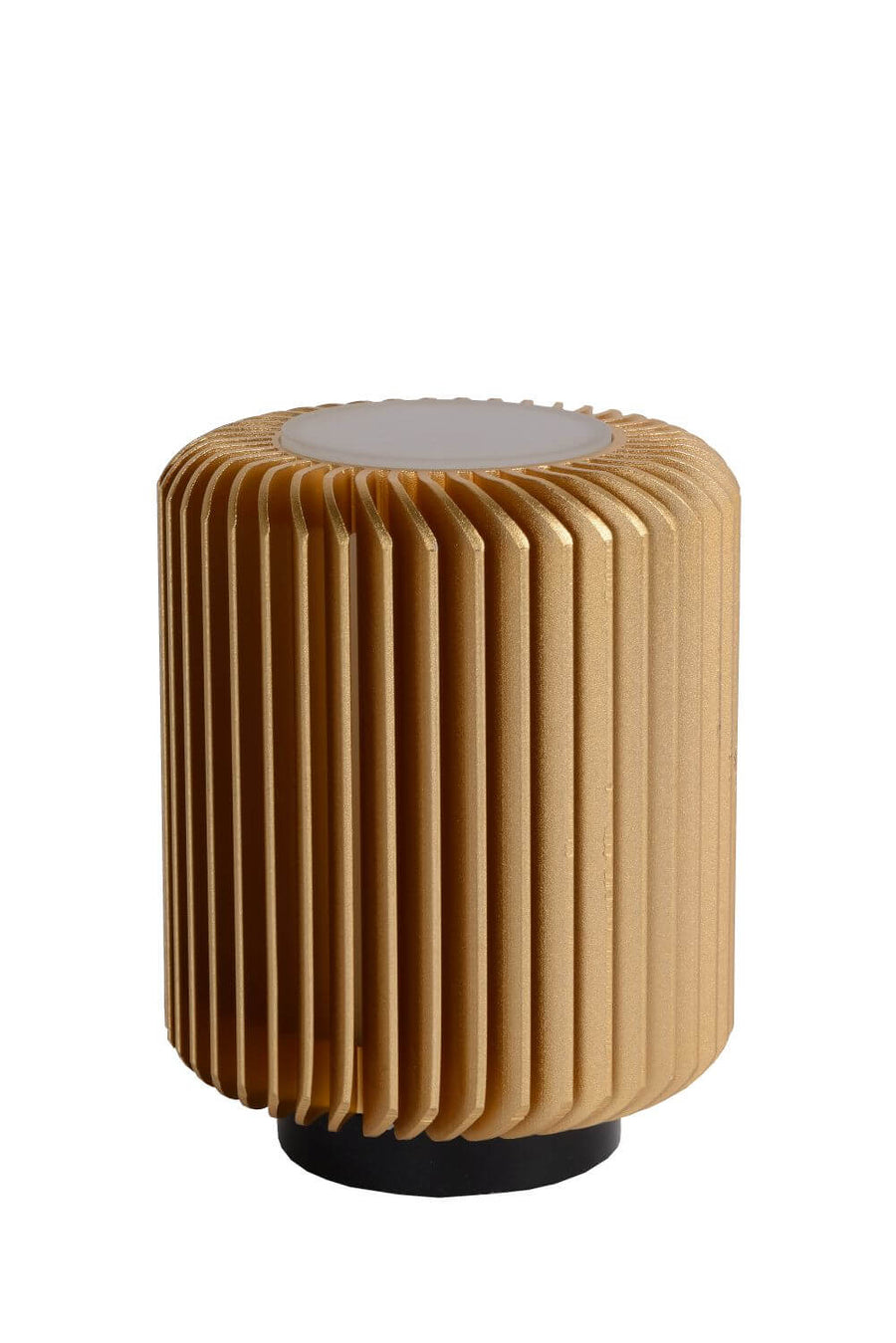 Luminaire éteint, présentant sa finition dorée mate et sa base cylindrique noire.