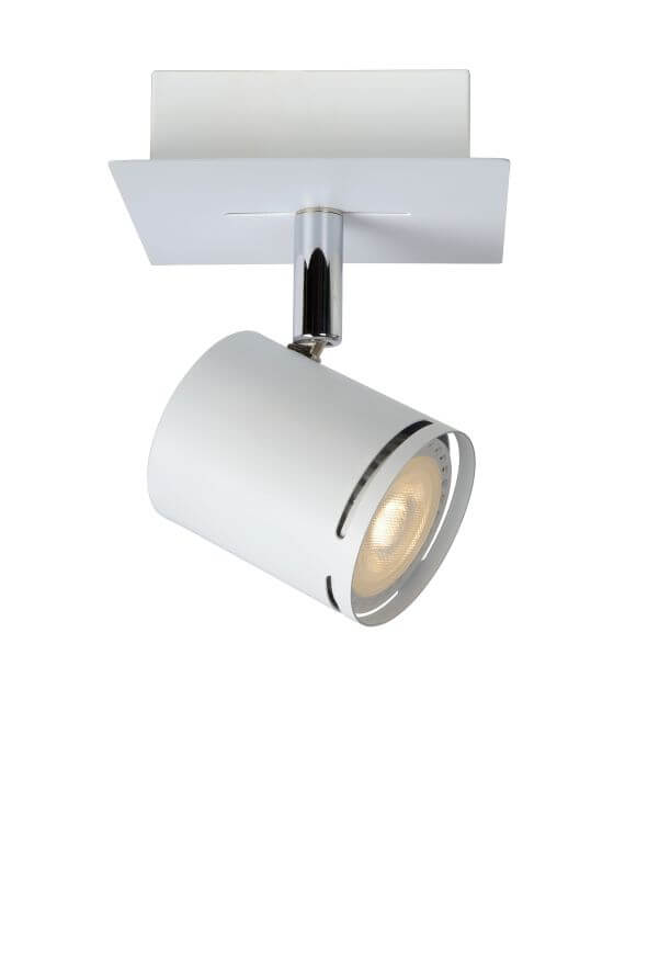 Vue de face du spot blanc cylindrique orientable avec finition chromée, éteint