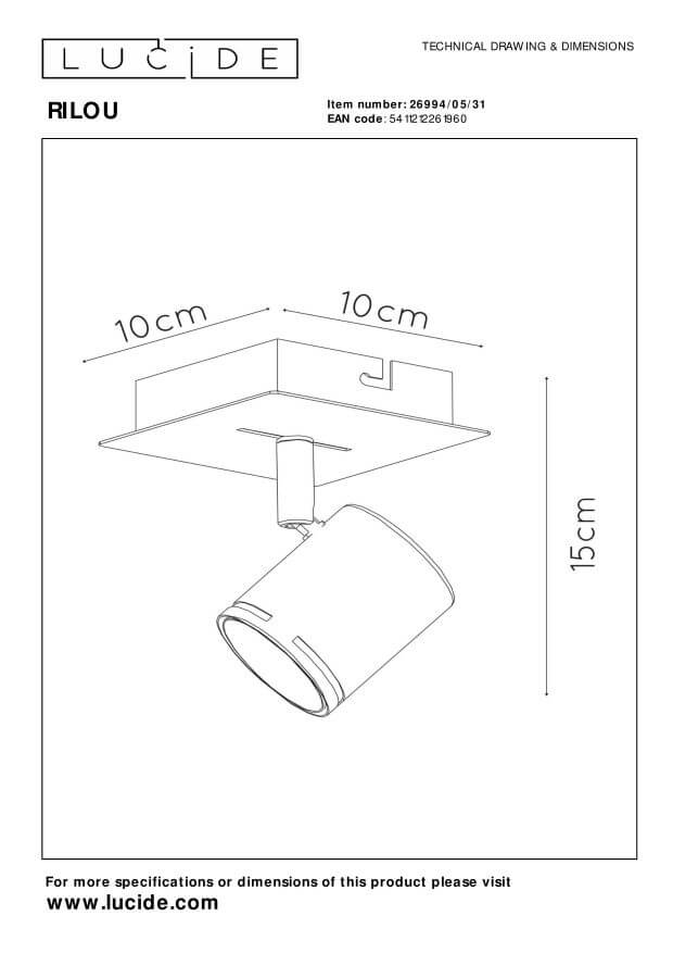 Schéma technique coté du plafonnier avec dimensions dix et quinze centimètres