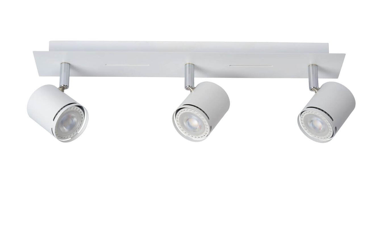 Vue produit du plafonnier éteint, trois projecteurs cylindriques blancs sur barre chromée