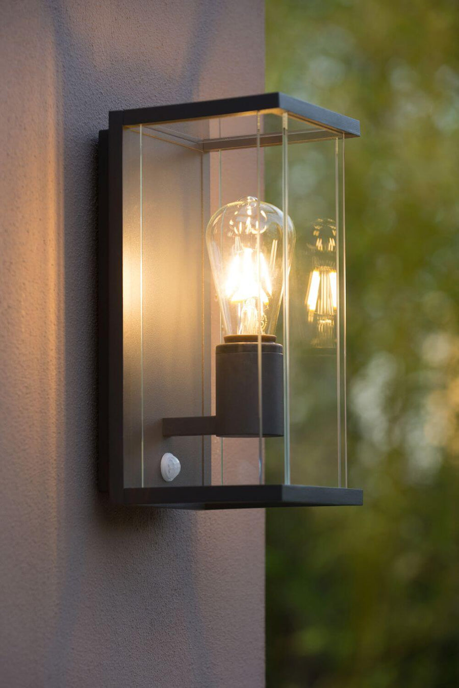 Gros plan de face sur la lanterne en verre et son ampoule filament allumée, mur beige.