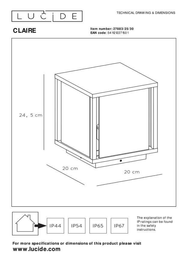 Schéma technique coté du luminaire carré avec dimensions 24,5 cm et 20 cm.