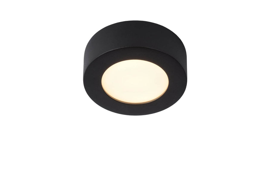 Produit isolé sur fond blanc montrant le plafonnier cylindrique noir allumé avec diffuseur opale.