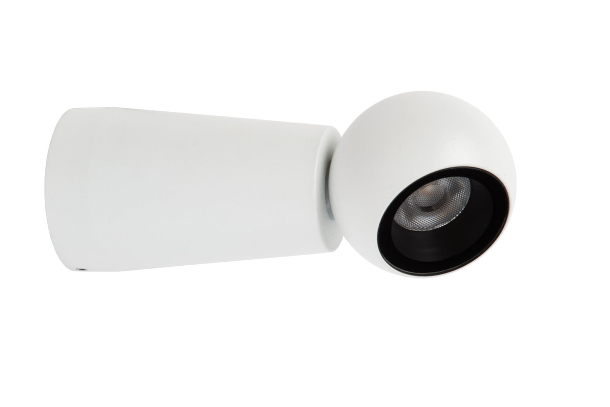 Détail du module LED encastré dans la tête sphérique noire et blanche.