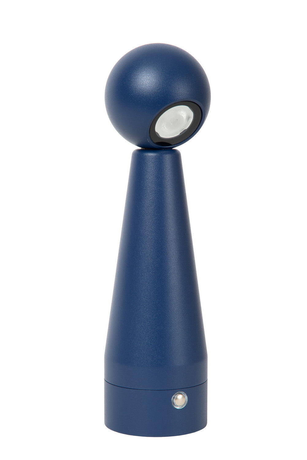 Lampe bleue éteinte sur fond blanc, montrant la sphère et le cône mats.