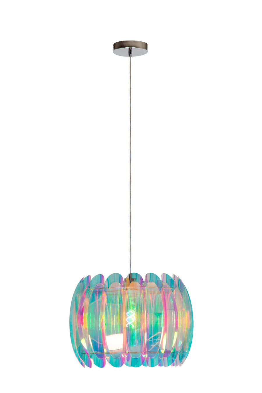 Vue de face du luminaire suspendu avec rosace et câble sur fond blanc