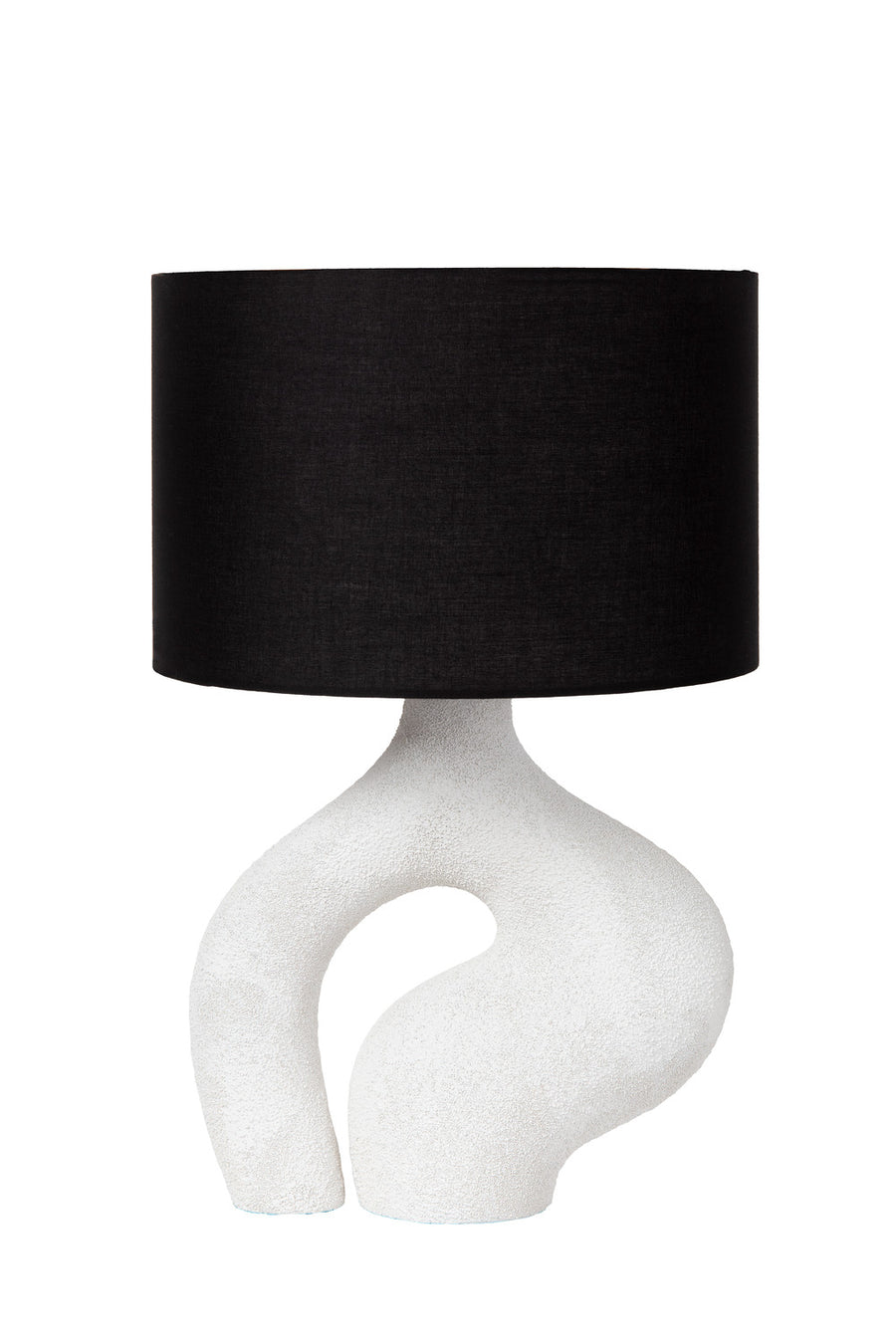 Lampe à poser avec abat-jour noir et base blanche en forme de boucle.