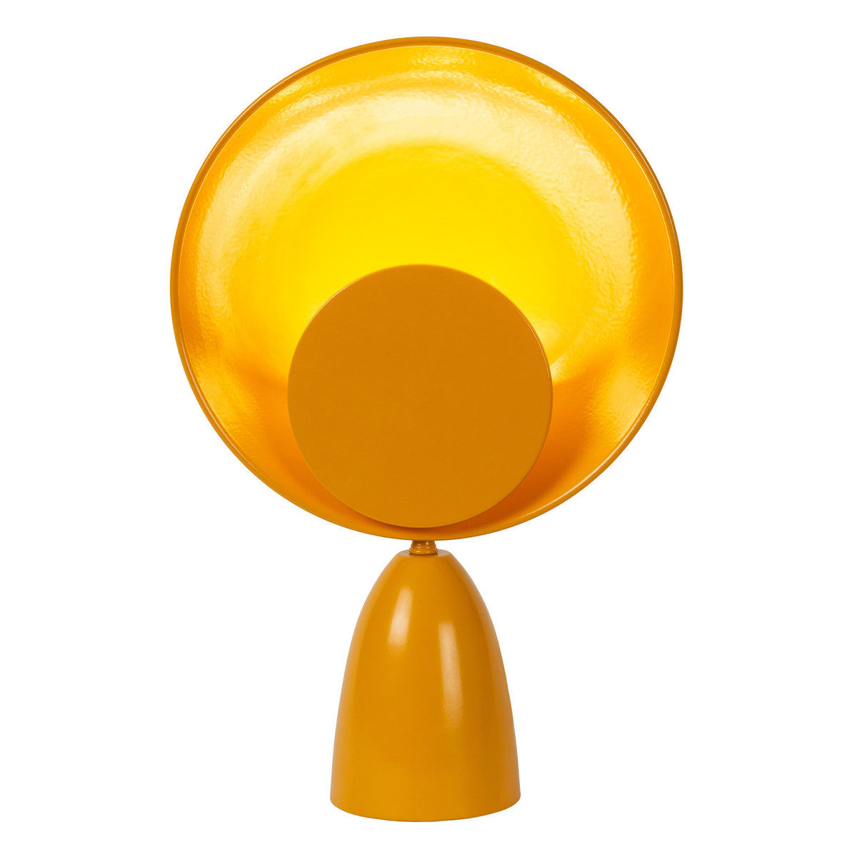 Produit de face sur fond blanc, abat-jour rond jaune fortement éclairé