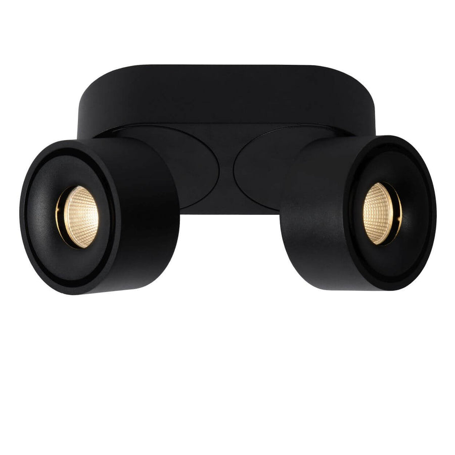 Profil du luminaire noir sur fond blanc, spots cylindriques orientés vers le bas