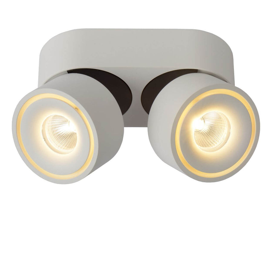 Produit de face, plafonnier blanc à deux spots cylindriques orientables allumés