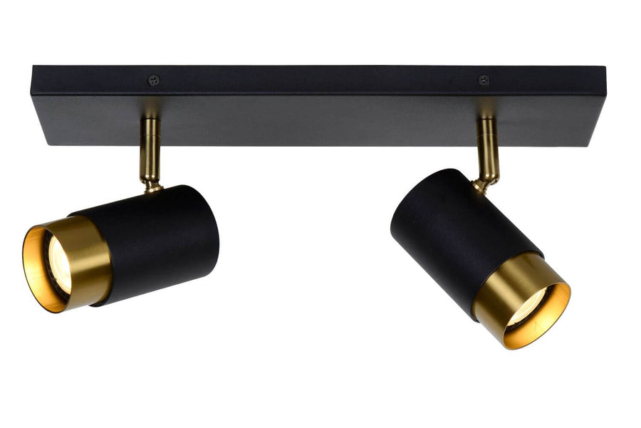 Vue de face du plafonnier deux spots cylindriques noirs et dorés orientables.