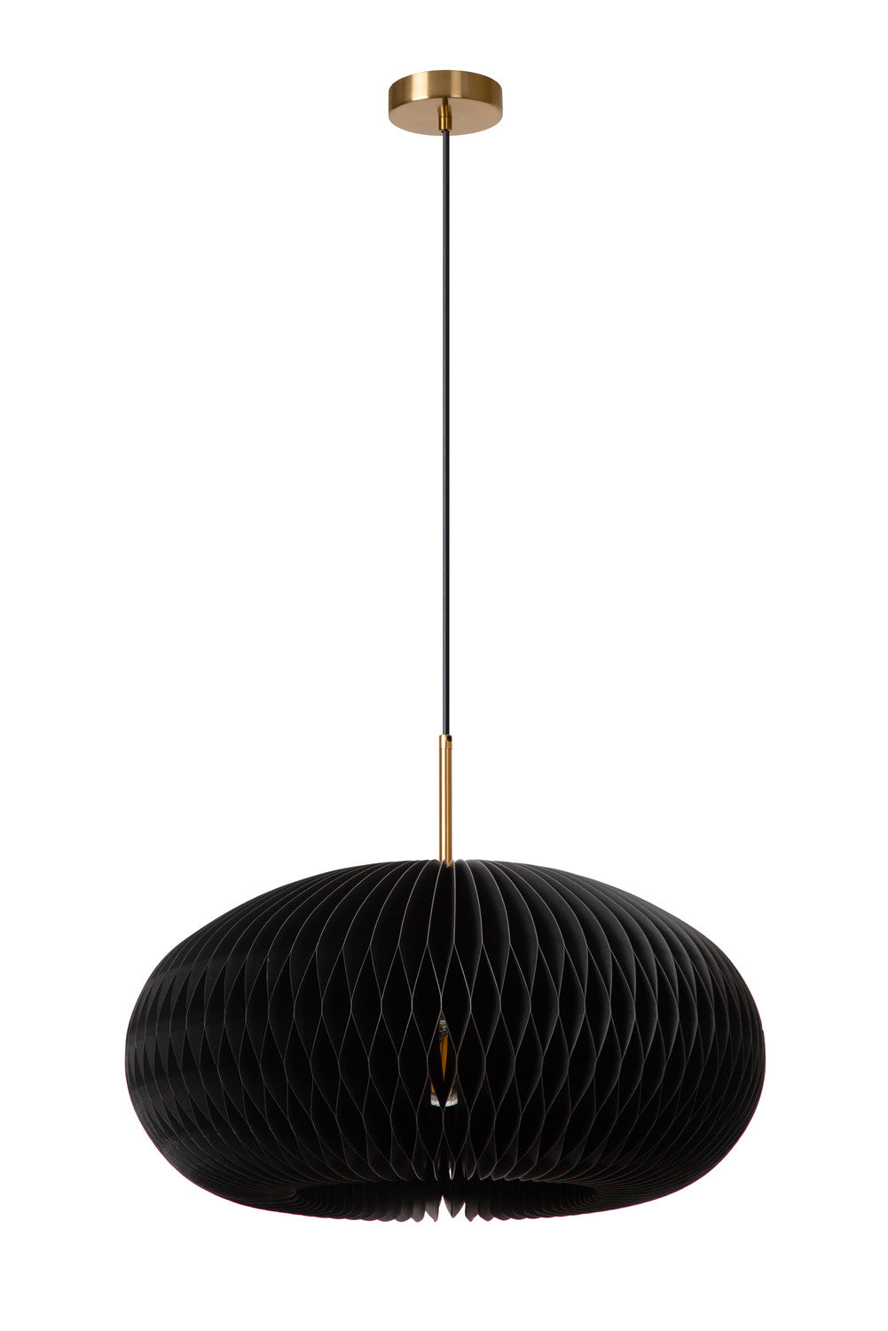Même suspension en papier noir éteinte, montrant la forme ovoïde et le câble