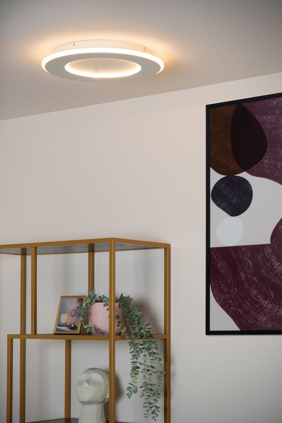 Mise en situation du luminaire au plafond, plan rapproché avec cadre abstrait et plante
