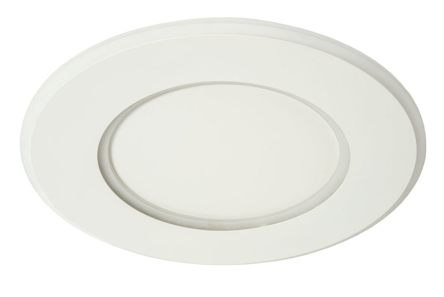 Luminaire éteint vu de dessous, diffuseur blanc et anneau en creux