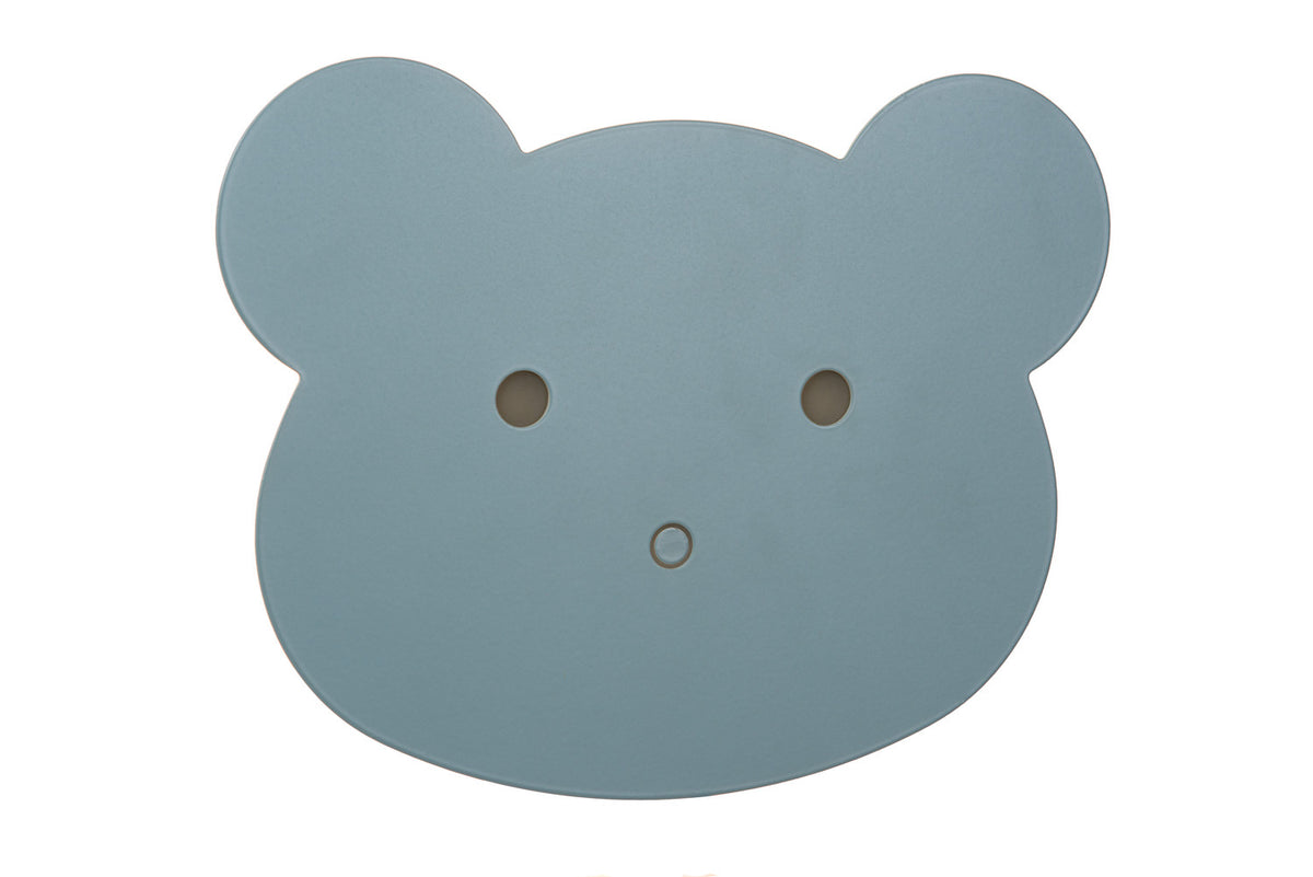 Autre vue de face sur fond blanc de l'applique murale en forme d'ours bleu.