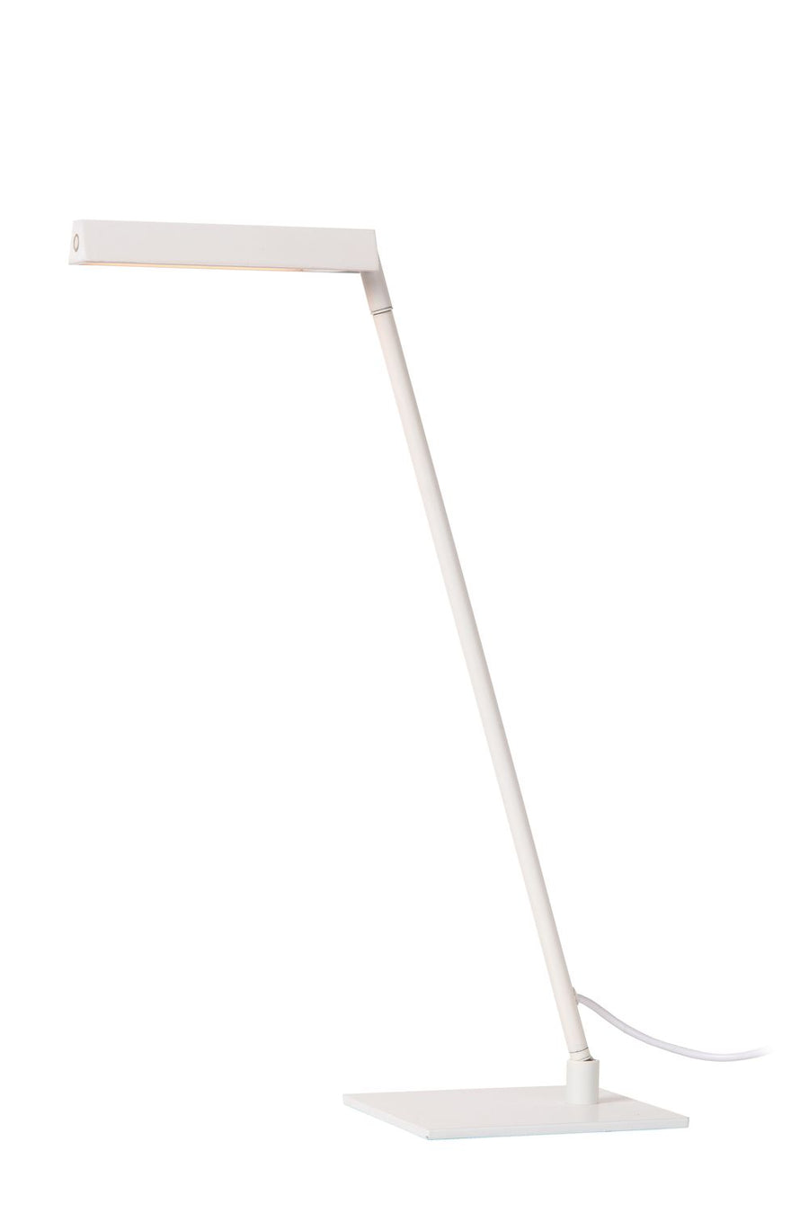 Vue de profil rapprochée, base plate et tige fine inclinée sur fond blanc