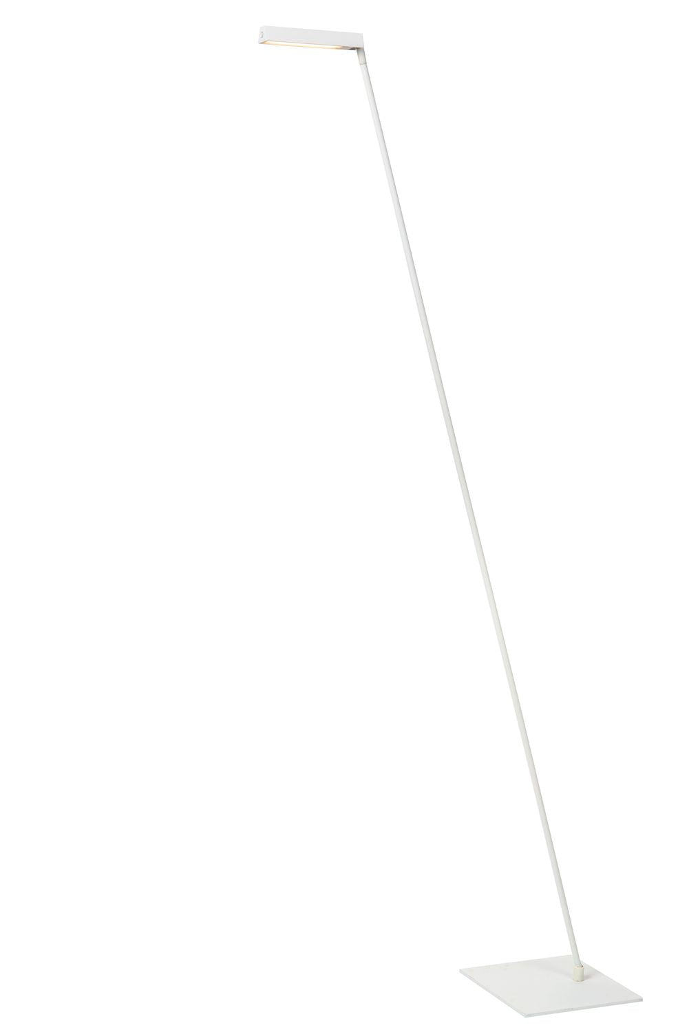Vue de profil du lampadaire blanc, long mât et tête plate horizontale