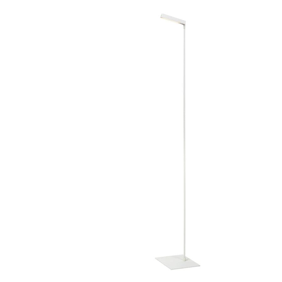 Vue de face du lampadaire blanc éclairé, tige fine et socle discret