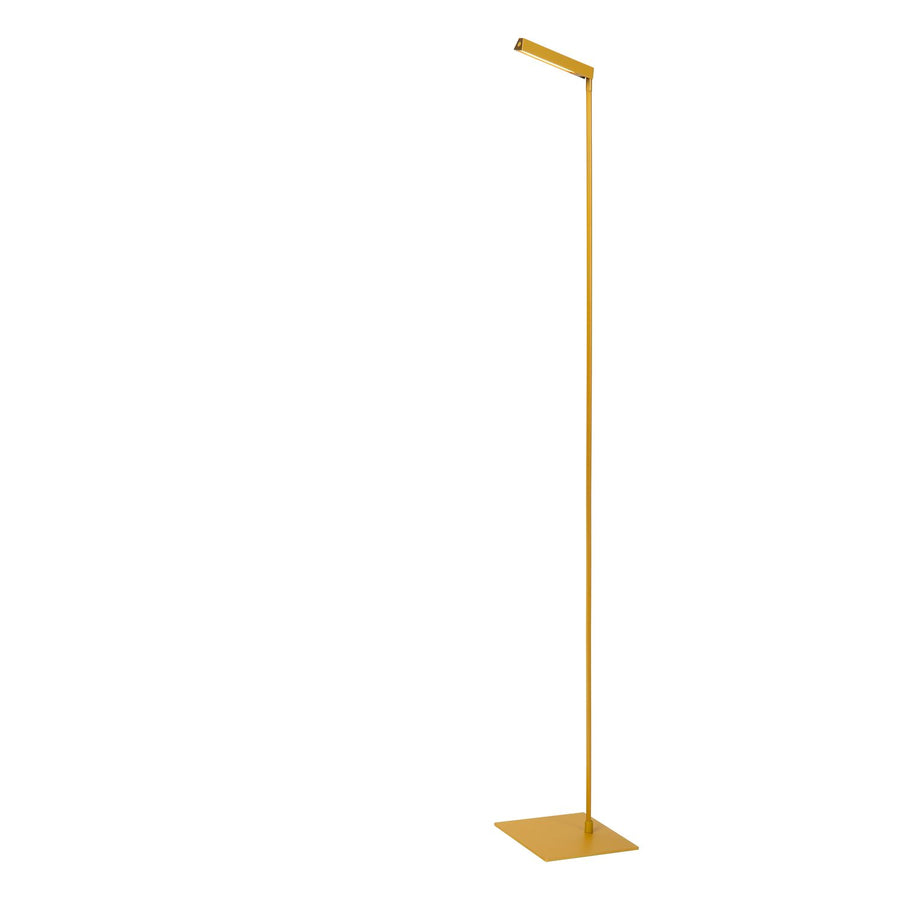 Lampadaire jaune droit vu de face, tige verticale et socle carré