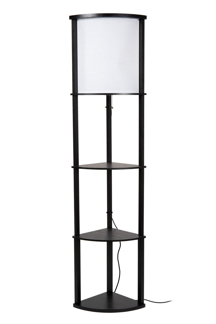 Lampadaire éteint, abat-jour blanc translucide et trois tablettes noires superposées