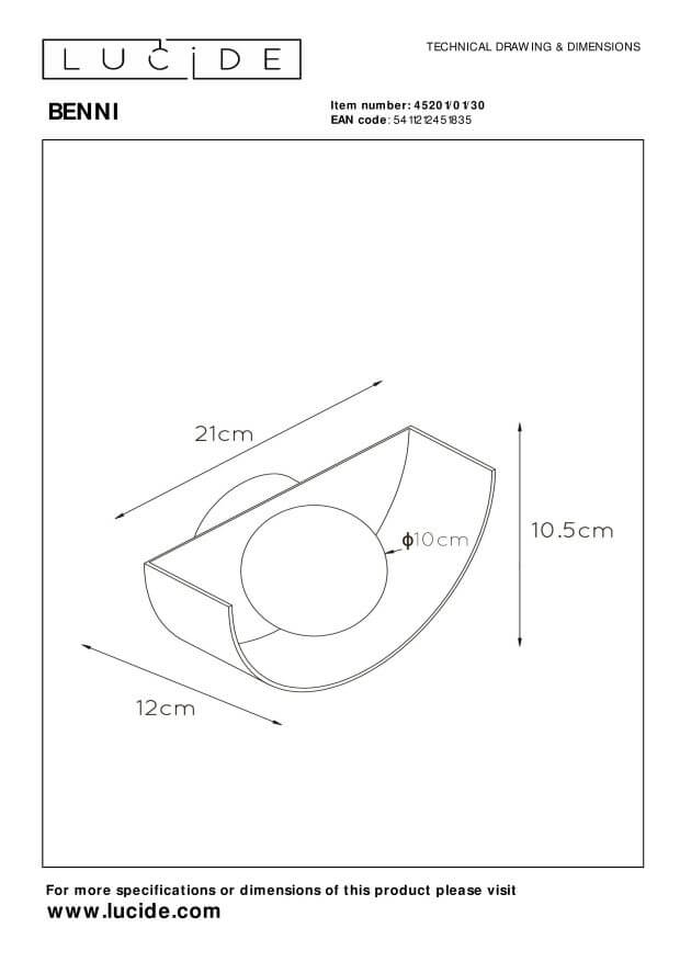 Schéma technique coté du luminaire avec dimensions 21 cm, 12 cm et 10,5 cm