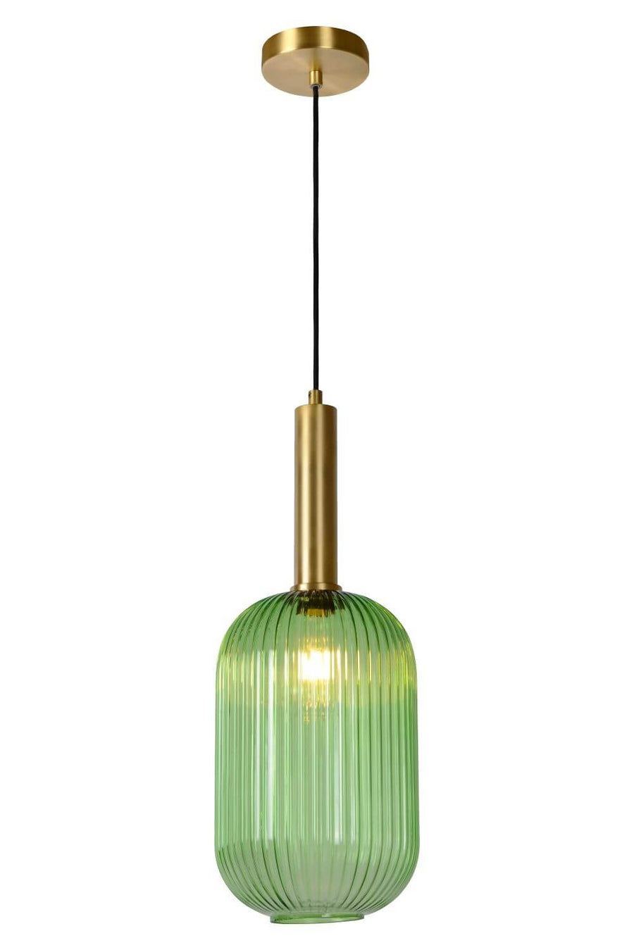 Produit sur fond blanc, vue de face : suspension verte en verre côtelé, douille dorée.