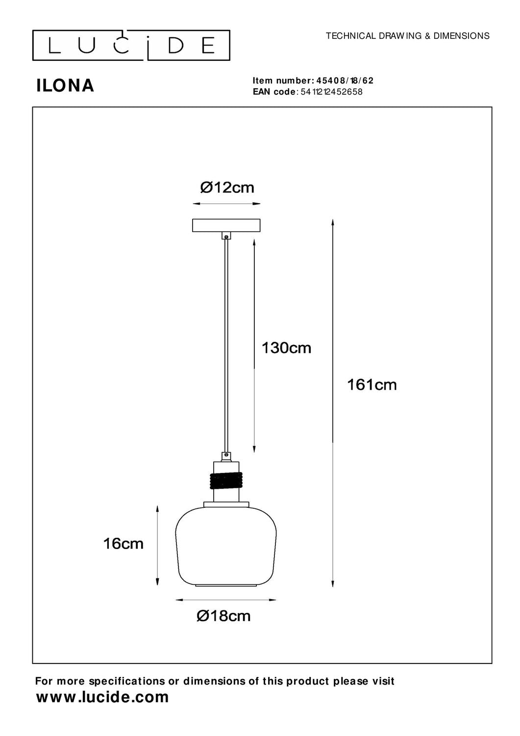Schéma technique coté du luminaire : hauteur 161 cm, diamètre 12 cm et 18 cm.