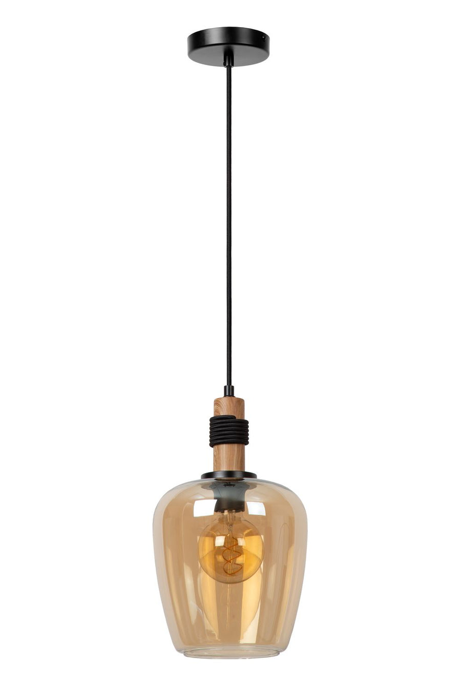 Vue d'ensemble de la suspension avec ampoule allumée, verre ambré transparent et câble noir.