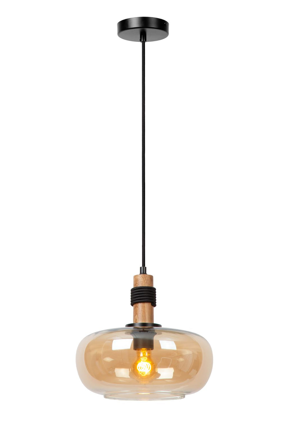 Vue d'ensemble du luminaire suspendu, diffuseur rond en verre ambré et finition noire