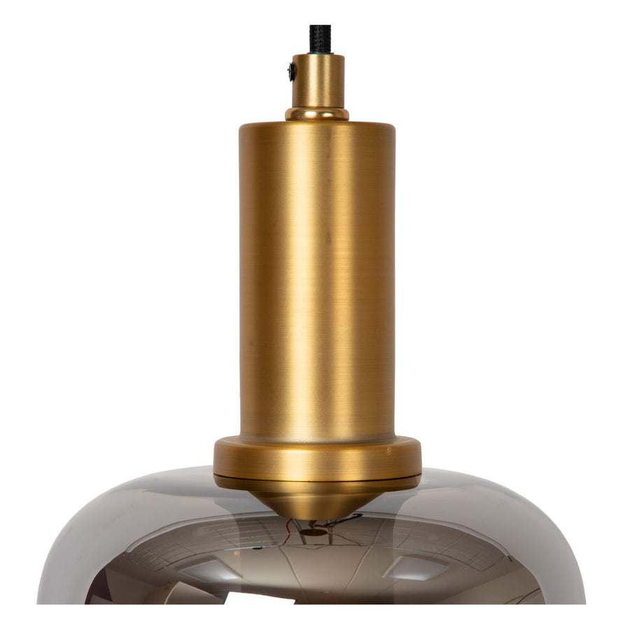 Détail de la douille cylindrique dorée et du verre fumé de la suspension.