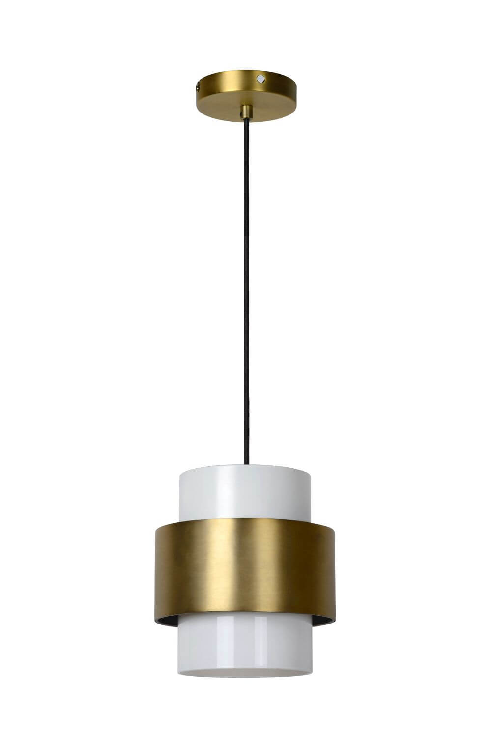Détail du cylindre en verre opale et de la bande métallique dorée de la suspension.
