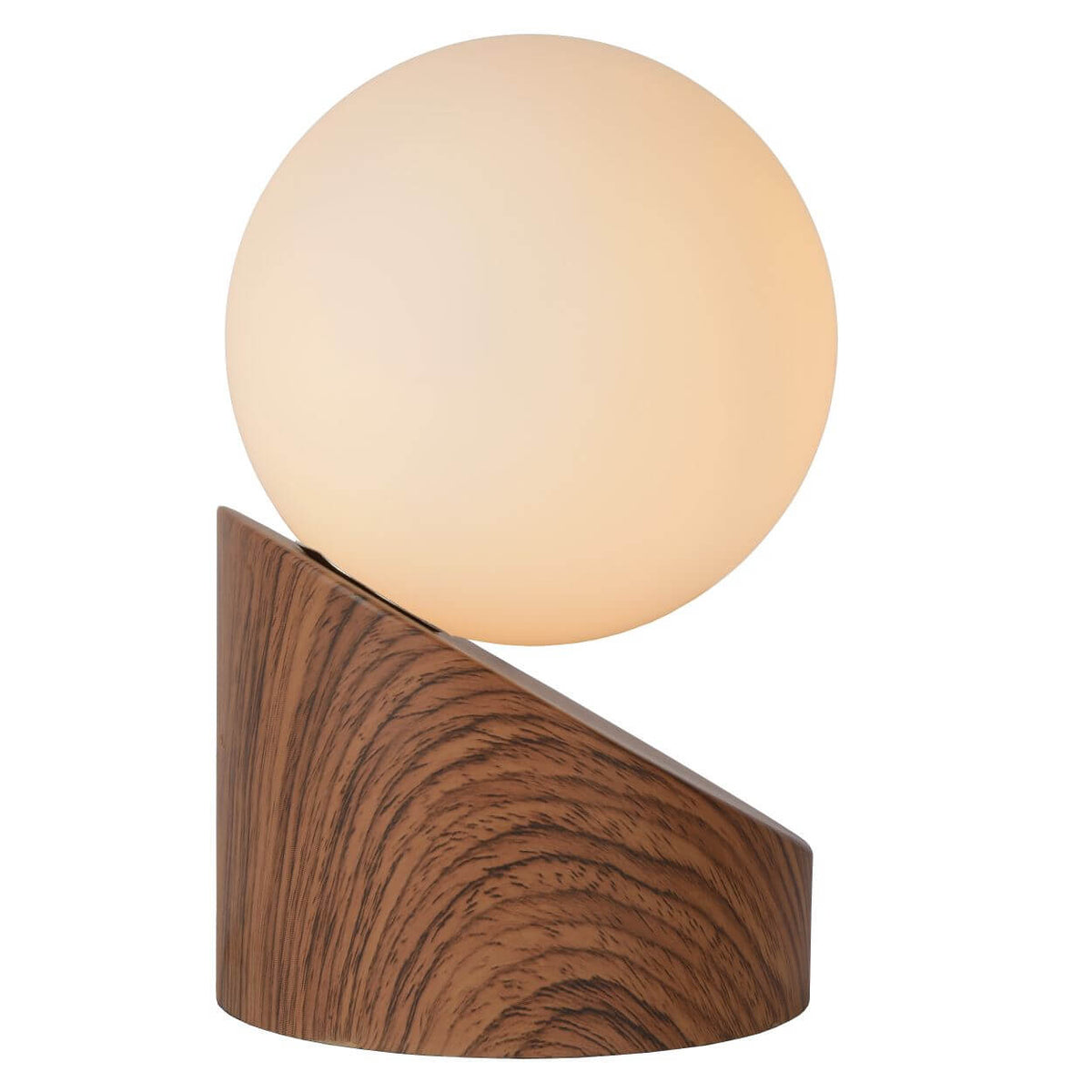 Produit de profil sur fond blanc, socle en bois et globe ivoire