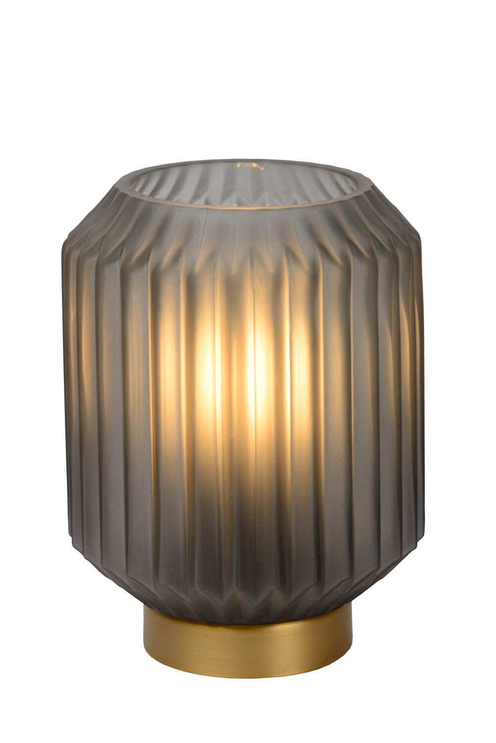 Lampe à poser seule, allumée, sur fond blanc, montrant le verre gris et la base dorée.