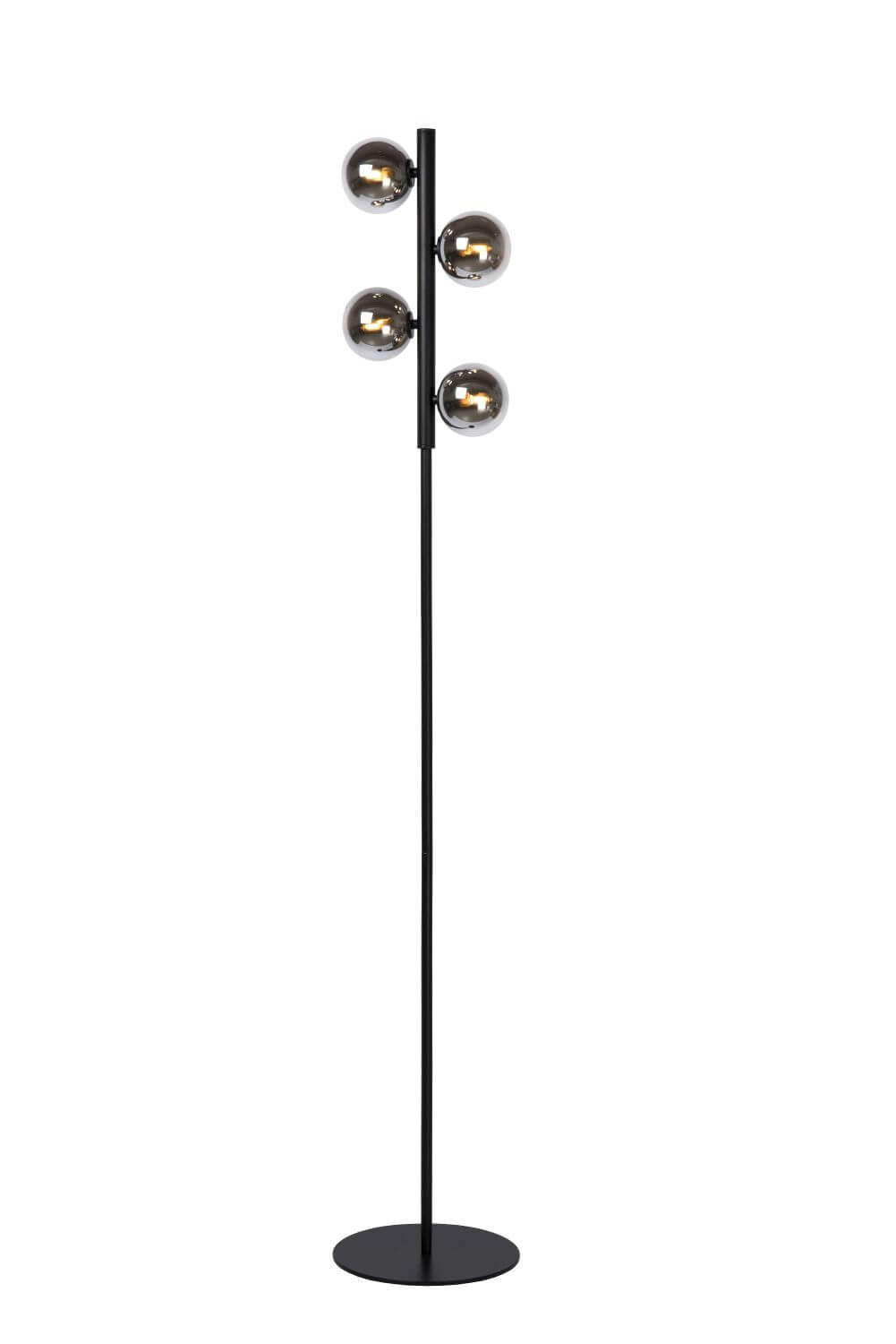 Lampadaire sur fond blanc, mât noir et quatre globes en verre fumé transparent.