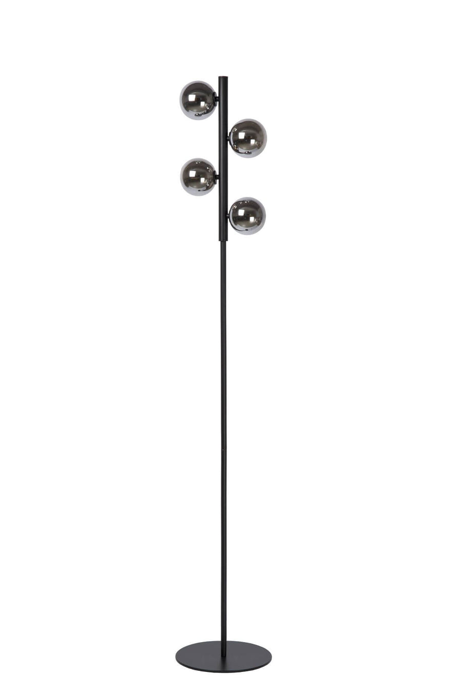 Vue de face du lampadaire noir, quatre diffuseurs sphériques en verre fumé sur tige verticale.