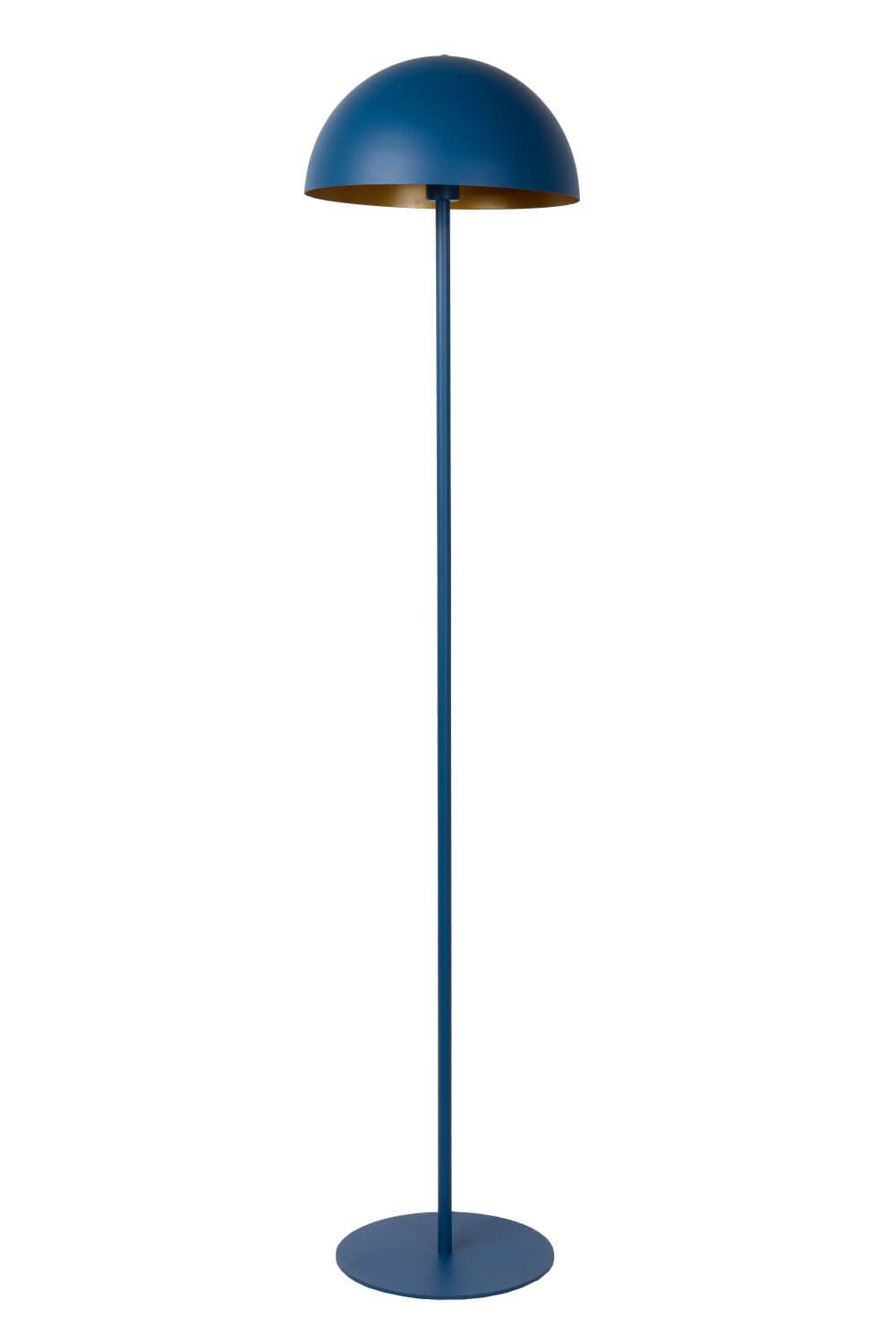 Lampadaire présenté de face sur fond blanc, tige fine et socle rond