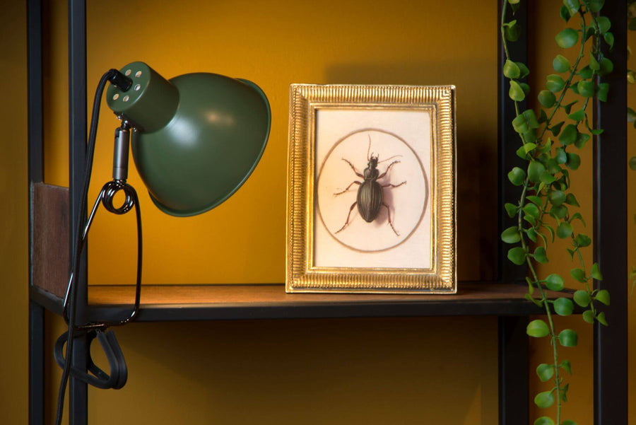Vue rapprochée de la lampe de bureau verte et du cadre doré sur l'étagère