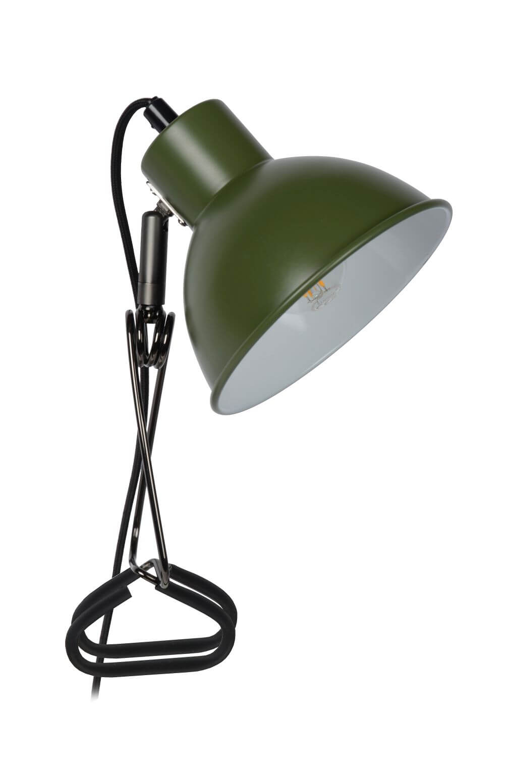 Vue de trois quarts de la lampe verte avec son câble d'alimentation enroulé