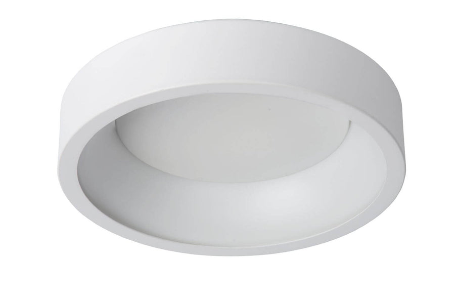 Plafonnier blanc vu de dessous, éteint, structure cylindrique basse et plate