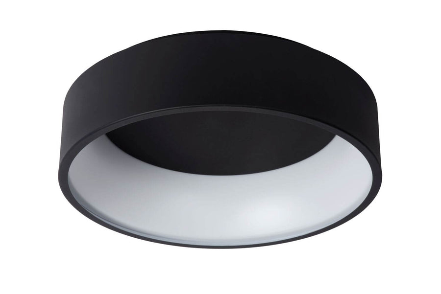 Plafonnier noir éteint vu de dessous, diffuseur blanc translucide sur fond neutre