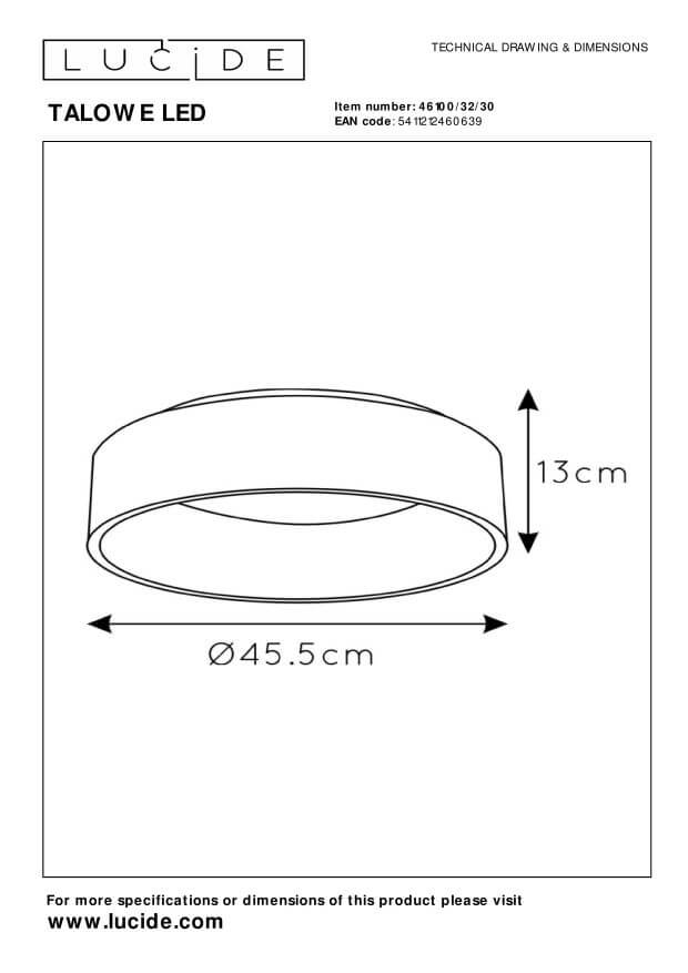 Schéma technique coté du plafonnier rond, hauteur 13 cm et diamètre 45,5 cm