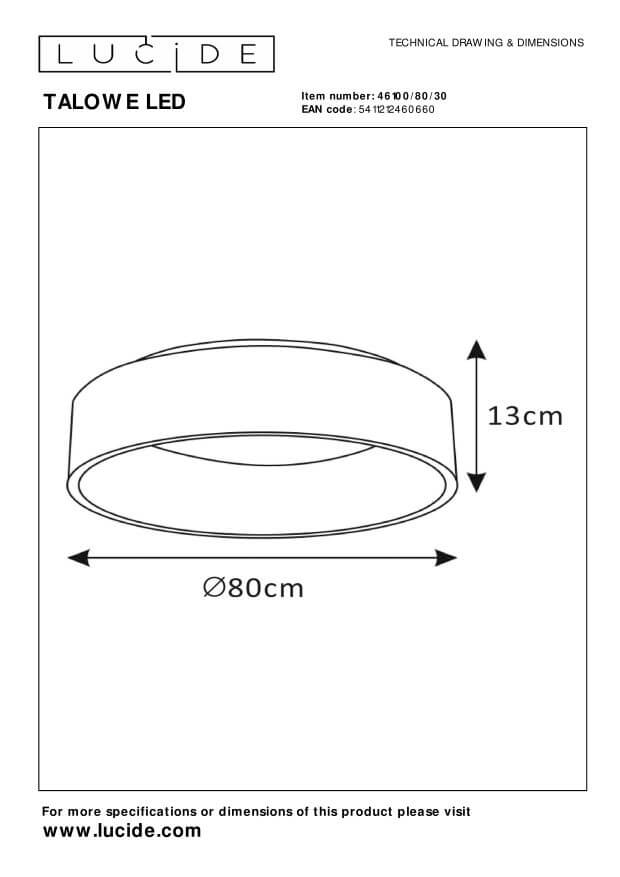 Schéma technique coté montrant diamètre 80 cm et hauteur 13 cm du luminaire