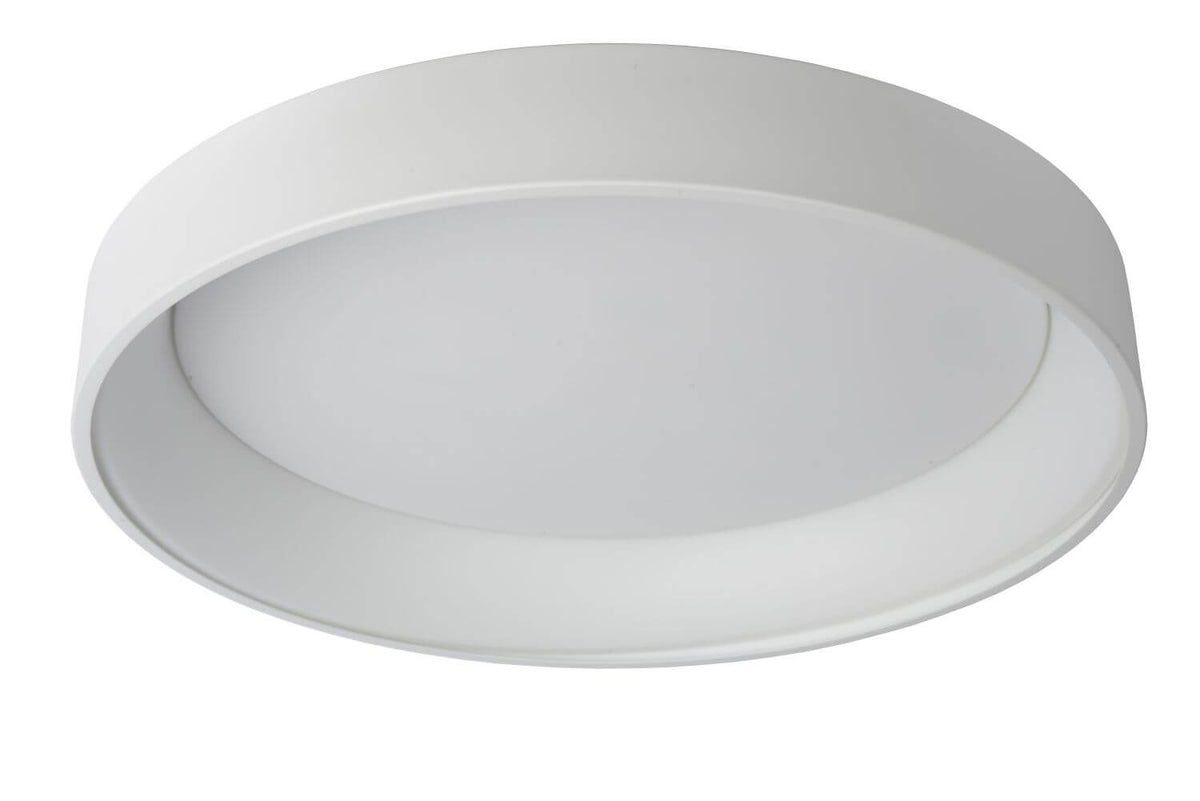 Plafonnier présenté éteint, vu de dessous, montrant l'anneau blanc et le diffuseur opaque