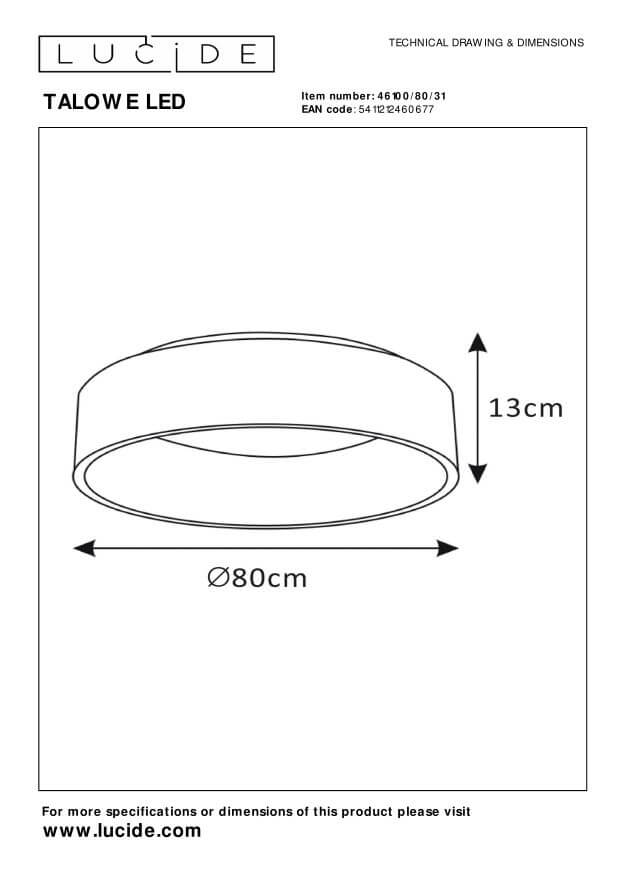 Schéma technique coté du plafonnier, diamètre 80 cm et hauteur 13 cm