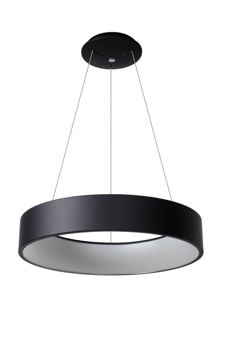 Luminaire noir vu de dessous avec diffuseur blanc, présenté sur fond blanc