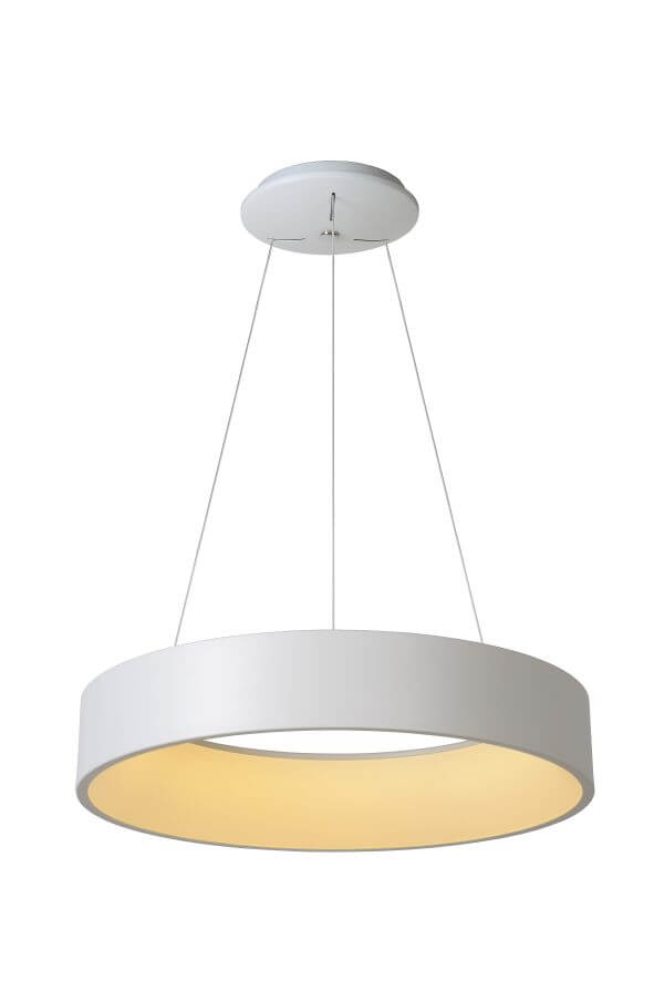 Suspension cylindrique blanche vue de trois quarts, intérieur doré et lumineux