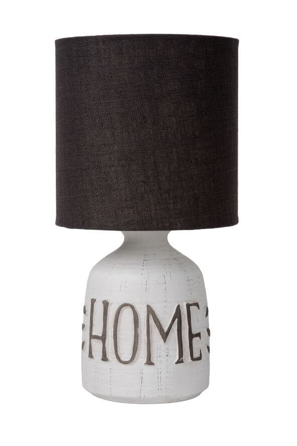 Second packshot sur fond blanc, lampe éteinte, abat-jour sombre et base blanche.