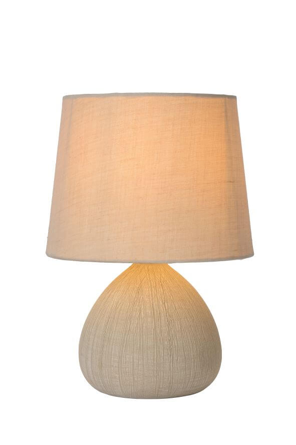 Photo produit sur fond blanc, lampe à poser beige coton éteinte de face.